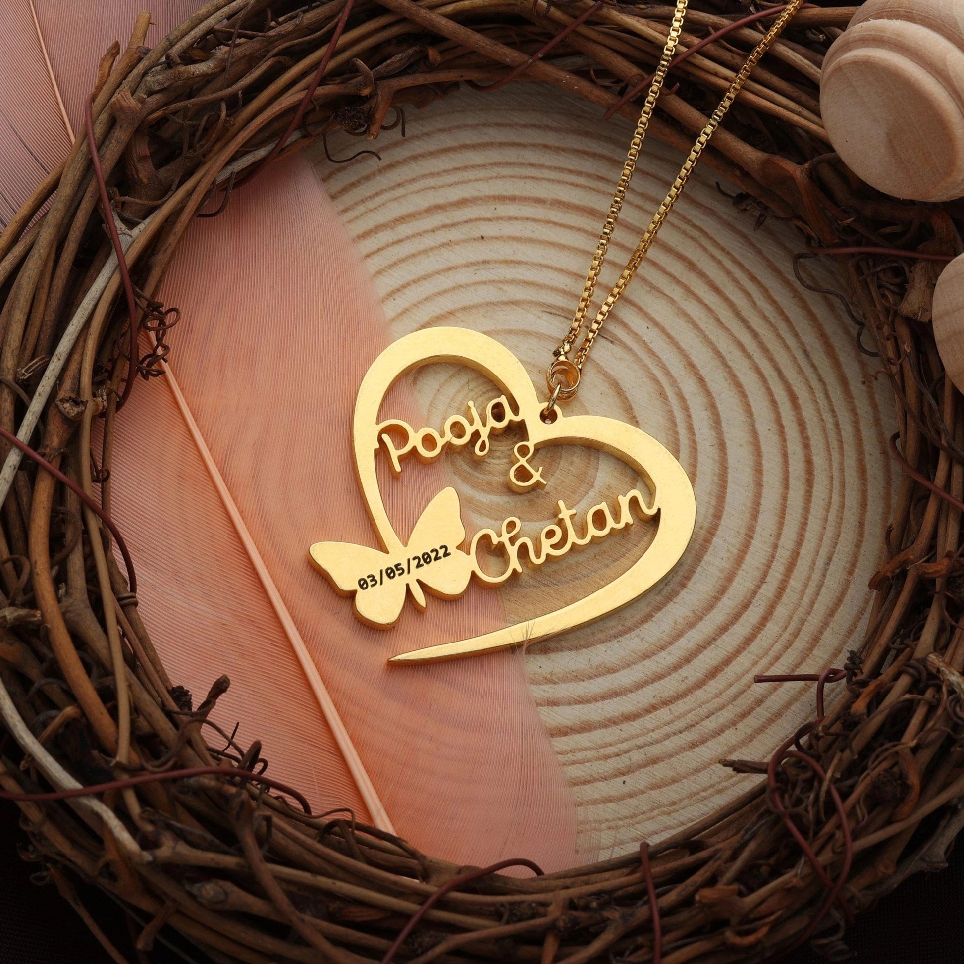 Antique Accessories Butterfly Heart With Engraving Couple Name Necklace – 24k Gold