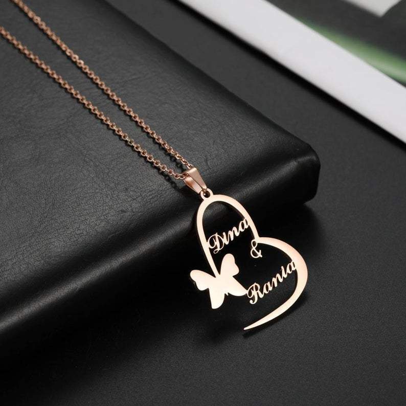 AntiqueAccesories Silver Personalized Heart Butterfly Pendant